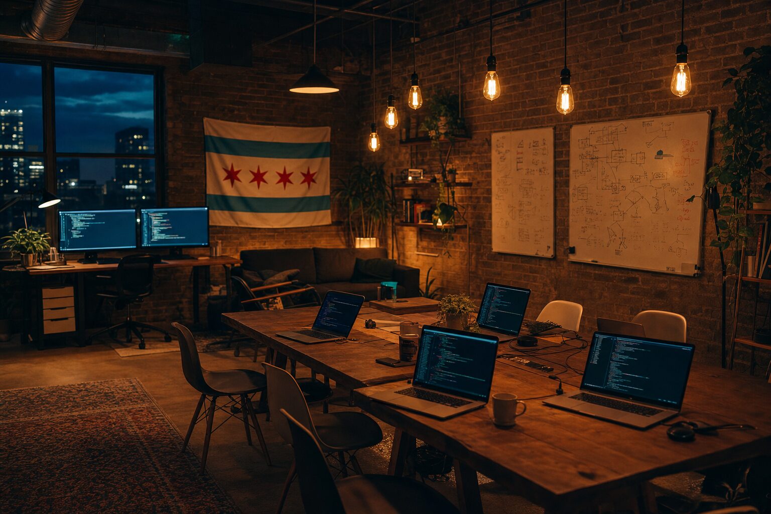Interior of the 312 House common room with workstations and a Chicago flag on the wall